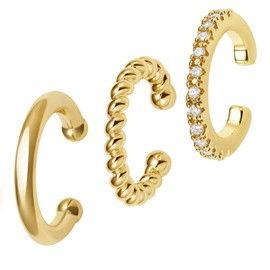 DAISYHOUSE Women's Hoop Earrings, 18k Earrings, Cartilage, Non-Hole Earrings, Zircon Twist, One Size, Gold, 3-Piece Set