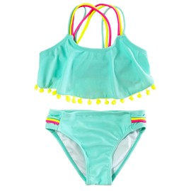 M2C Girls Pompom Tassel Two Piece Bikini Set Triple Cross Strap Crop Swimsuits Turquoise 7-8