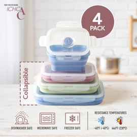 ICHC Set of 4 Collapsible Food Storage Containers - Space-Saving Silicone Meal Prep Boxes, Airtight and Stackable Lunch Containers, Microwave and Freezer Safe