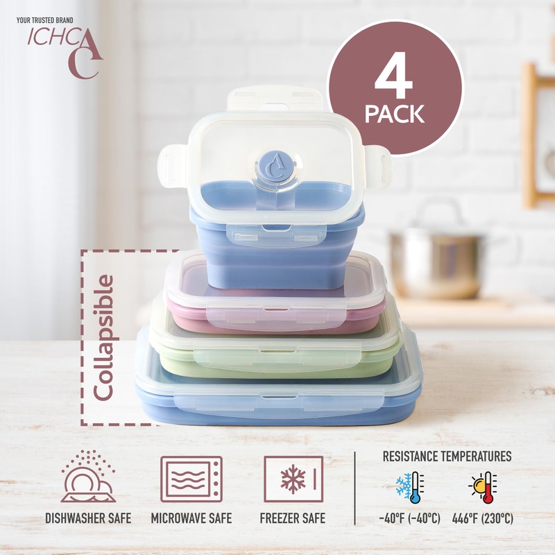 ICHC Set of 4 Collapsible Food Storage Containers - Space-Saving