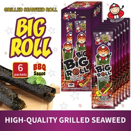 Big Roll Grilled Seaweed Snacks by Tao Kae Noi, BBQ Flavor Grilled Seaweed Rolls, Healthy Nori Sheet Rolls for Kids and Adults, Nori Snacks, 6 pack, 3g Bags