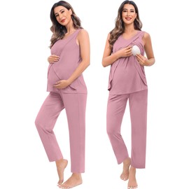 SWOMOG Maternity Nursing Robe Set 3 PCS Postpartum Breastfeeding Pajamas Hospital Pregnancy Pjs Double Layer Lounge Set, Taro Purple Small