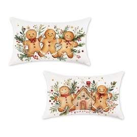 ONWAY Christmas Gingerbread Lumbar Pillow Covers 12x20 Set of 2 Holiday Cushion Cases with Cookie and House Print Winter Decorative Farmhouse Sofa Bed Accent