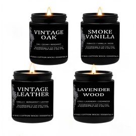 4-Pack Household Soy Wax Scented Candle, 36oz, Burning time 200 Hours, Fragrance: Vintage Oak, Smoked Vanilla, Vintage Leather, Lavender Wood, Black Glass Bottle Candle Set