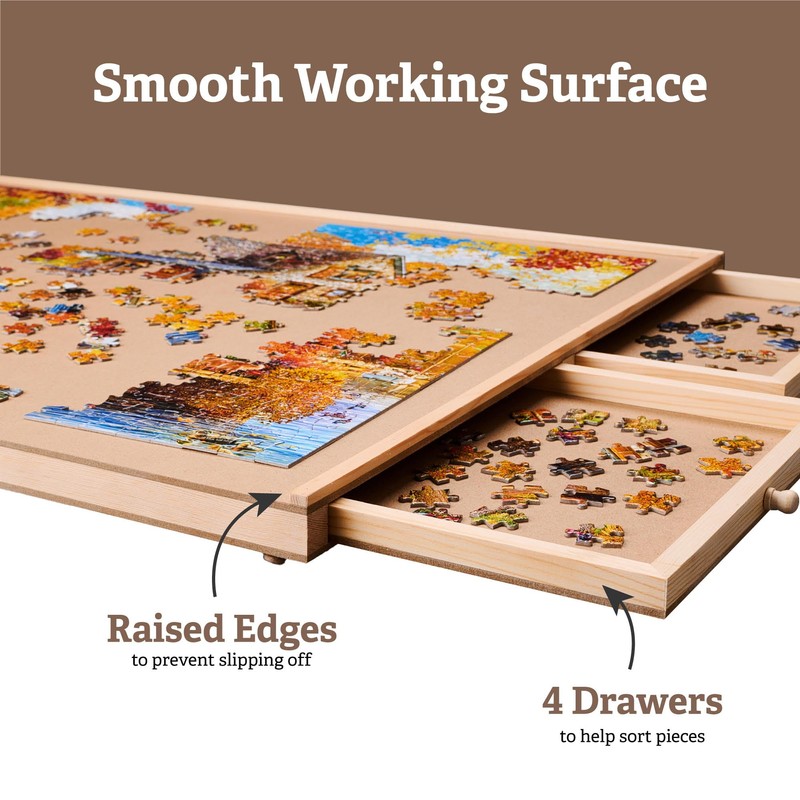 Rotating Wooden Puzzle Board for with 6 Storage Drawers &