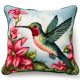 Hummingbird and Flower DIY Latch Hook Pillow Kit for Adults Throw Pillow Cover with Printed Canvas Crochet Yarn Needle Craft Easy Handmade Cushion for Home Sofa Decoration 43x43cm(2)