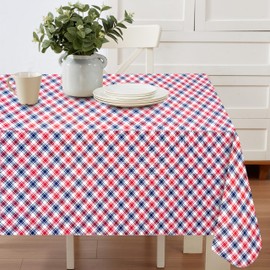Red, White and Blue Americana Gingham Vinyl Tablecloth – 52 x 70 Inch Rectangle, Waterproof Flannel-Backed Table Cover for Indoor and Outdoor Use, Easy Care Patriotic Picnic and Holiday Décor