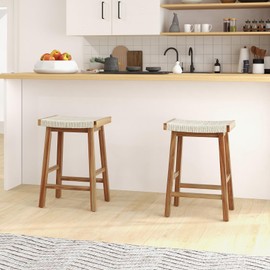 COSTWAY Dining Saddle Stools Set of 2, 25.5-inch Counter Height Chairs with Seaweed Woven Seat, Rubber Wood, Acacia Wood Frame, Footrests, Backless Bar Stools for Kitchen Island, Dining Room, Natural