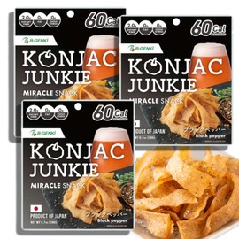 Konjac Junkie Black Pepper Flavor, Miracle Snack, Konnyaku Strips, Beef Jerky Alternatives, Meatless, Fat-Free Healthy Snack, Made in Japan 0.7oz (20g) by B-GENKi (Pack of 3)