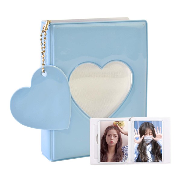 Kpop Photo Album Can Store 32 Sheets, Blue Heart Book Folder Photocard Kpop with Pendant, Mini Fashion Trend Photocard Binder Suitable for Storing Idols, Cards