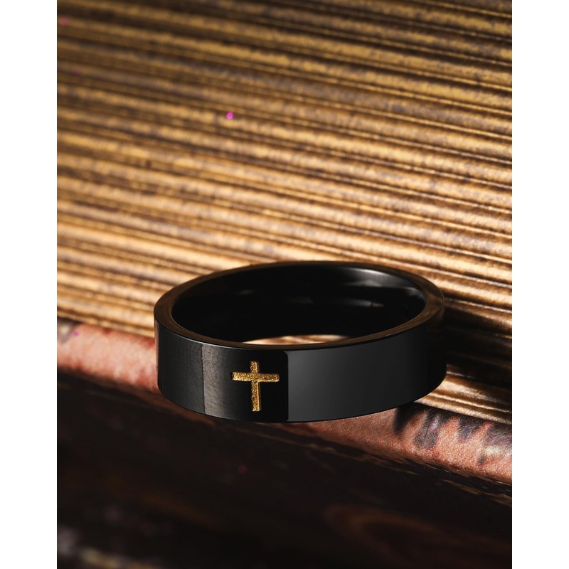 Cross Rings for Men, Black Stainless Steel Classical Simple Plain