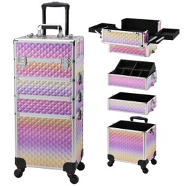 Yueieoun Makeup Case on Wheels, Rolling Train Case, 4-in-1 Makeup Trolley, Cosmetic Cases Makeup Travel Cart with Key for MUA, Hairstylists, Nail Tech, Gradient Purpple