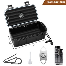 Flauno Travel Humidor - Portable Case Kit with Lighter (Without Gas), Cutter, Holder, Humidifier & Dropper, Waterproof, Crushproof, Airtight Seal (Holds up to 15 Cigars)