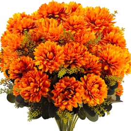 MUTCOLOR Fall Flowers Artificial for Decoration, 18 Heads Fake Mums Fall Floral Arrangement Silk Chrysanthemums Bouquet for Outdoor Home Indoor Table Pots Vase Cemetery Decoration, 2 Pcs