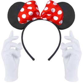Hatstar Mouse Ears Headband | in Black with Red Bow + White Gloves | Costume Set for Adults & Children - Women & Girls | for Carnival & Fancy Dress