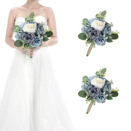 HOMENERGY Set of 2 Bridesmaid Bouquets for Wedding - 7 Inch Artificial Flowers Bouquets for Ceremony Anniversary Centerpieces Decorations - Dusty Blue and White