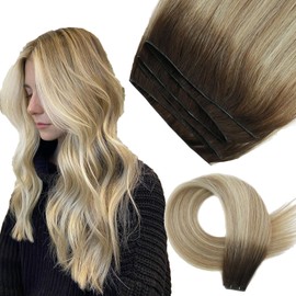 ABH AMAZINGBEAUTY HAIR Real Hair Genius Weft Extensions, Real Hair, Sew-in Weft Hair Wefts, Real Hair Wefts for Sewing, Virgin Hair, 50 g, #R3/8/613 Brown Highlight Beach Blonde, 50 cm