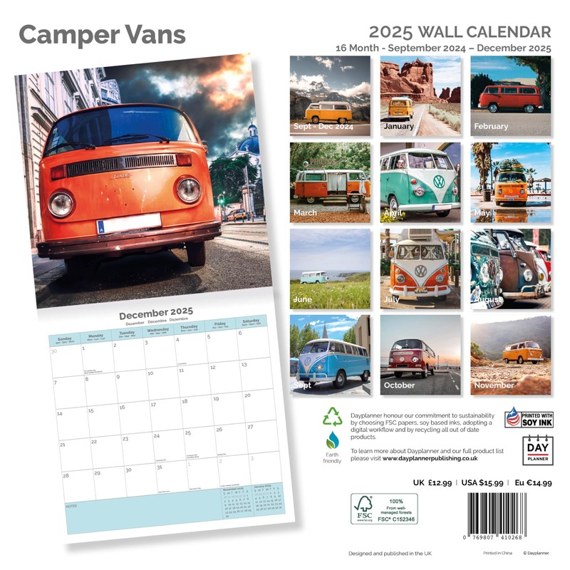Dayplanner Publishing Camper Vans Calendar 2025, Large Square Wall Calendar,