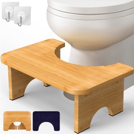 Vatex Bamboo Toilet Stool, 7” Foldable Potty Poop Bathroom Stool with Extra Soft Microfiber Rug and Hooks, Non-Slip Toilet Assistance Step Stool for Adult, Improve Squatting Posture - Healthy Gifts