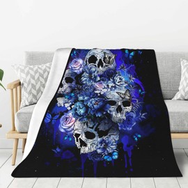 Blue Flower Butterfly Sugar Skull Blanket Throw Blankets Soft Warm Fleece Blanket for Women Men for Gifts Travel Airplane Bed Couch Car 50"x40"