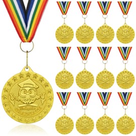 12 Pcs Kindergarten Graduation Medals - 2 Inch Gold Metal Preschool Award Medallion Medal with V Neck Ribbons Graduation Gifts for Kindergarten School Ceremony Students Trophy Prize