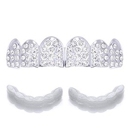 Iced Out Grillz Gold & Silver Plated Top Teeth Cap with Extra Bar Hip Hop Jewelry Bling L 012 (Gold Tone)