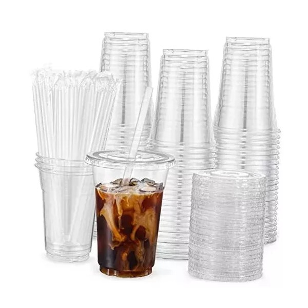 Branded [100 Sets - 16oz] Plastic Cups with Lids and