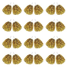 CUGBO 24Pcs Cheerleading Pom Poms, 1 Dozen Handle Metallic Foil Flower Ribbons Cheerleader Pompoms, Kids Children Ball Dance Sports Coaches Game Party Fancy (Gold)