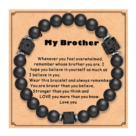 QianSiLi Brother Gifts Mens Bracelets Fathers Day Birthday Thanksgiving Christmas Graduation Comfirmation Gifts 8mm Black Matte Agate Lava Rock Beads Natural Stone Bracelet Stretchable