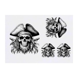 4 x 'Pirate Skull with Goatee Beard' Temporary Tattoos - Water Resistant, Skin-Safe, Non-Toxic Transfers, Mixed Sizes (TO00070384)