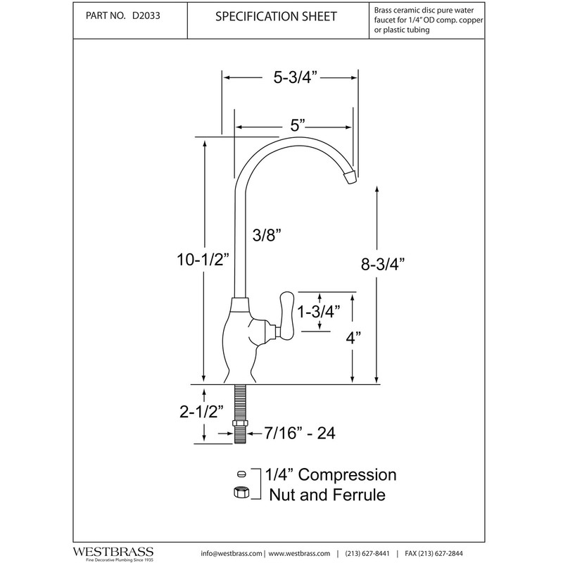 Westbrass D2033-NL-05 10" Classic 1-Lever Handle Cold Water Dispenser Faucet,