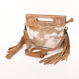 Merbaa Women Natural Cowhide Leather Hand tooled Crossbody Sling Bag With Adjustable Detachable Strap and side fringes| Shoulder Bag | Handbag