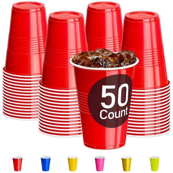 DecorRack 50 Party Cups, 16 oz -BPA Free- Plastic Soda Cups, Stackable, Reusable, Disposable Round Beverage Drinking Cups (50 Red)