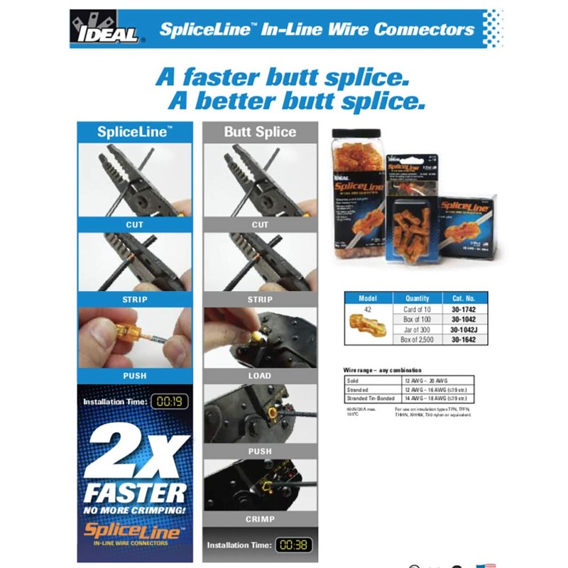 20PK Spliceline Orange in-Line Push-in Butt Splices