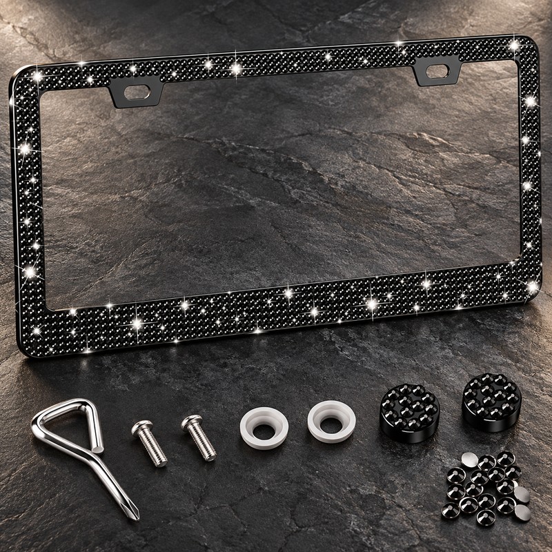 2pcs Bling Rhinestone License Plate Frame, Sparkling Crystal Car Tag