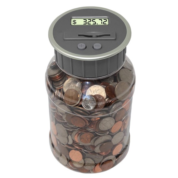 Teacher's Choice Digital Coin Bank, Savings Jar, and Piggy Bank | Automatic Coin Counter Totals All U.S. Coins Including Dollars and Half Dollars - Original Style, Clear Jar w/Grey Lid