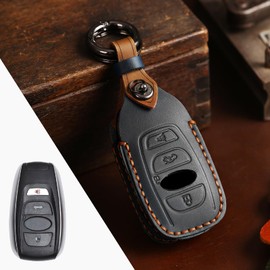 OLLEN Screws-Free Genuine Leather Key Fob Cover, Fit for Subaru Forester Outback BRZ WRX STI Legacy Ascent CrossTrek Impreza, etc, Leather Smart Remote Key Protector, 4 Buttons, Black