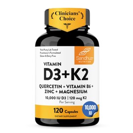 Sandhu's Vitamin D3 K2 Magnesium 10000 IU, 120mcg K2 Capsules 120 Count (Pack of 1) | with VIT B6, Zinc & Quercetin | D3K2 Supports Superior Absorption, Energy, Immune, Muscle Health for Men & Women