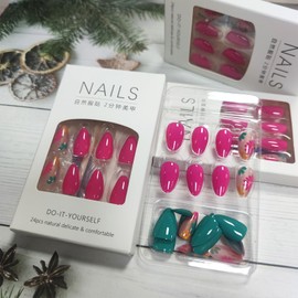 24 Pcs Colorful Flower Press on Nails Fall Flower False Nails Glossy Blue Flower Acrylic Fake Nails Gel Glue on Nails for Manicure Wine Red Flower Stick on Medium Almond Nails for Coquette Women Girls