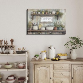 QQL Rustic Kitchen Canvas Wall Art Farmhouse Pots Pans Kitchen Always Open Wall Decor Picture Country Still Life Floral Painting for Dining Room Home Decoration Ready to Hang