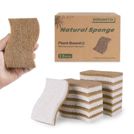 BONUMVITA Natural Kitchen Sponge,12 Pack Kitchen Dish Sponge with Coconut Fiber and Compostable Cellulose, Natural Household Cleaning Sponge for Dishes,Pots,Sinks