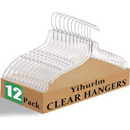 Yihurlm 12 Pack Clear Plastic Hangers,Clear Hangers with 360 Swivel Metal Hook,Shirt Hanger Coat Hangers,Heavy Duty Hangers Dress Hangers for Clothes Shirts Dresses,16.7 Inch