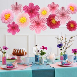 BestoFun 12PCS Paper Fans Hot Pink Party Decorations