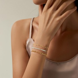 GolbalJew Dainty Pearl Bracelets for Women Stackable Beaded Link Chain Bracelet Pearl Beads 18k Gold Plated Bracelets Adjustable Set for Women
