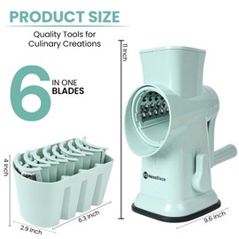 NexoBlaze 6 in 1 Rotary Cheese Grater Hand Crank with 6 Stainless Steel Blades, Cheese Shredder with Reinforced Suction Base, Grater For Cheese, Vegetables, Nuts and Ice, Easy to Clean
