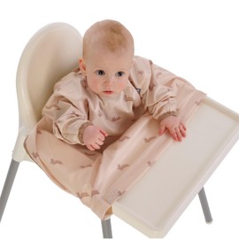 BIBaDO Long Sleeve Coverall Bib – Babies & Toddlers 6-36. Mess Proof Baby Feeding Bib Attaches To Highchairs, Pushchairs, Tables. 100% Waterproof, Machine Washable (Happy Hares)
