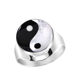 AeraVida Spiritual Balance Yin and Yang Symbol Simulated Black Onyx .925 Sterling Silver Ring