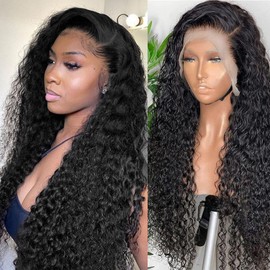 JFOOHD Water Wave Lace Front Wigs Human Hair 13x4 HD Transparent Lace Frontal Wigs Human Hair Pre Plucked 180% Density Water Wave Wig for Black Women Natural Color 36 Inch