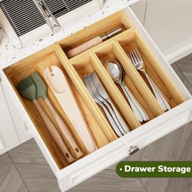 BAMEOS Utensil Drawer Organizer, 5 Slots Silverware Organizers for Kitchen Drawers, Bamboo Flatware Organizer for Knives Cutlery Spoons Forks (Natural)