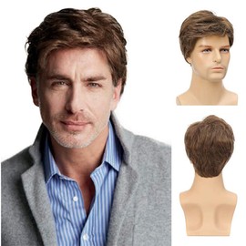 Brown Wig for Men, Fluffy Brown Men's Wig with Fringe, Side Parting, Men's Wig, Brown, Short, Curly for Everyday Wig Costume